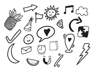 Assorted blackandwhite doodle drawings on a white background