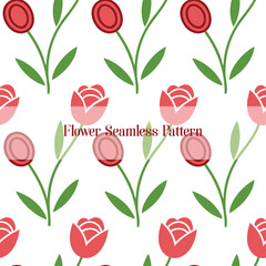 This is a vibrant seamless pattern featuring stylized, simple, red flowers with green leaves on a white background.