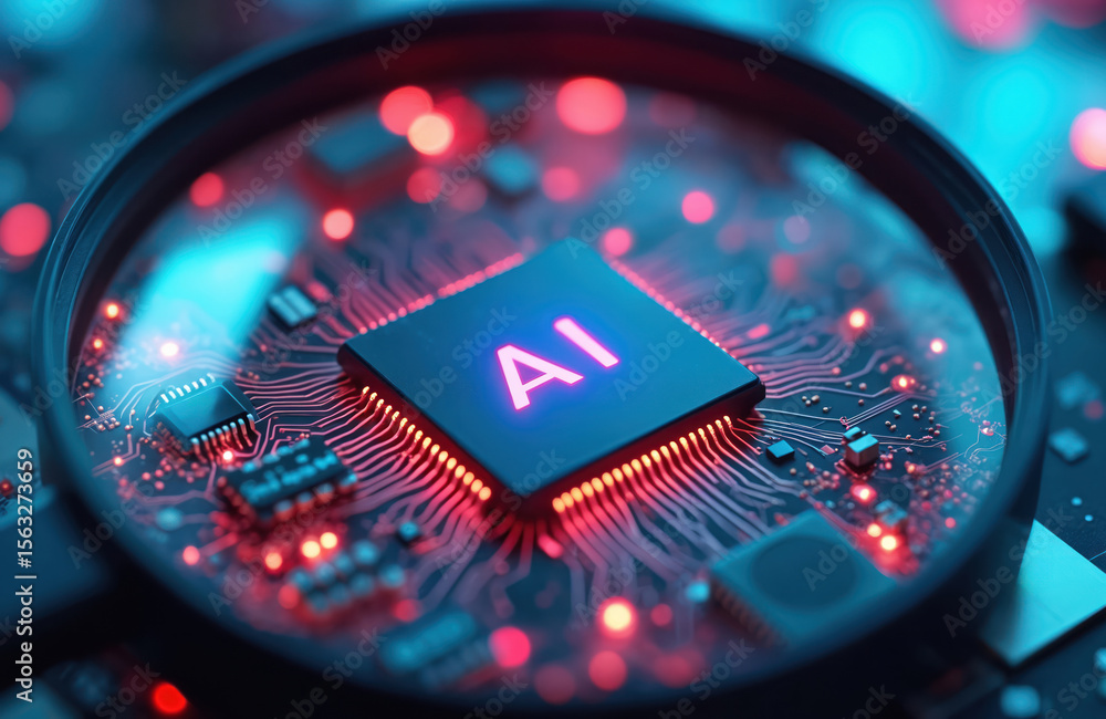 Aufkleber close-up of microchip with ai marking. magnifying glass showcases advanced tech, circuitry in bright