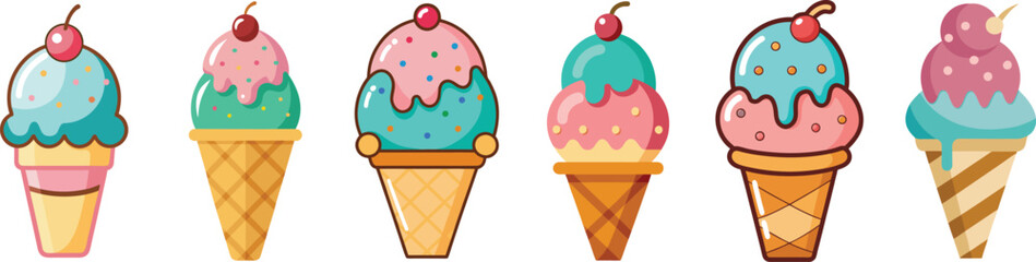 Cute and colorful illustration of various ice cream cones.