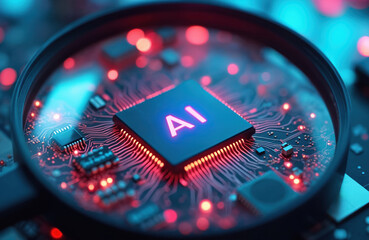 Close-up of microchip with AI marking. Magnifying glass showcases advanced tech, circuitry in bright neon colors. Innovation and digital technologies, analysis, research, engineering, future concept.