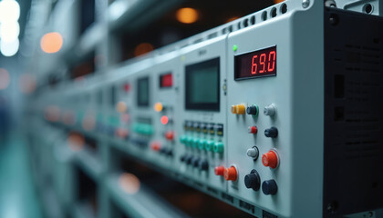 Close-up view industrial programmable logic controller PLC with illuminated indicators digital display in factory automation setting. Engineering tech, control system for machinery production.