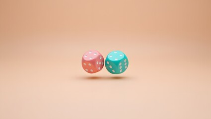 pink and cyan colored dices floating in beige background