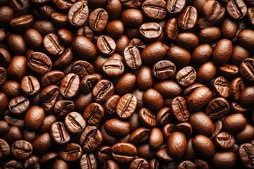 Fototapeta premium Close-up image of roasted coffee beans with rich brown color and textured surface, highlighting their natural shine and detailed grooves.