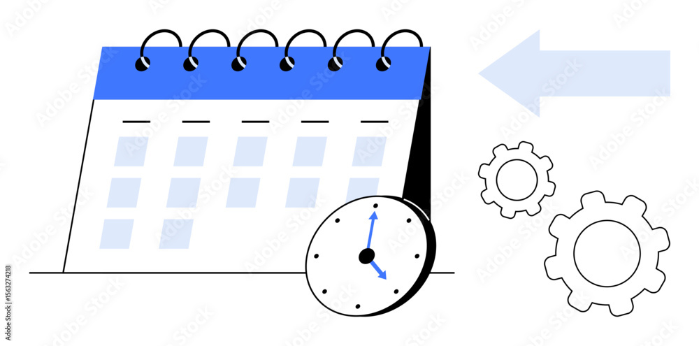 Poster calendar with a clock indicating time, gears symbolizing processes, and an arrow pointing left. idea