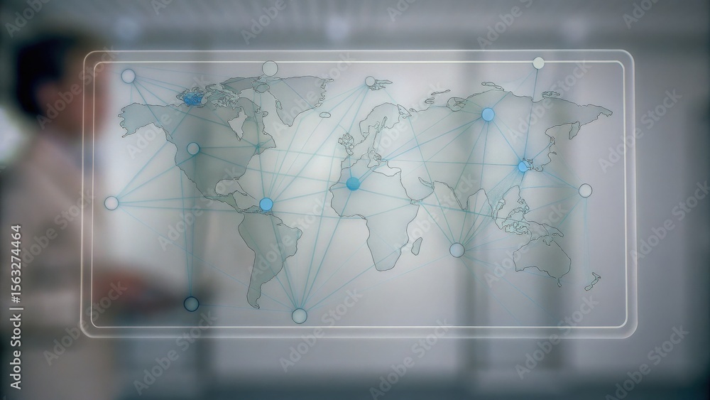 Poster a digital world map with network connections overlayed, symbolizing global connectivity and communic