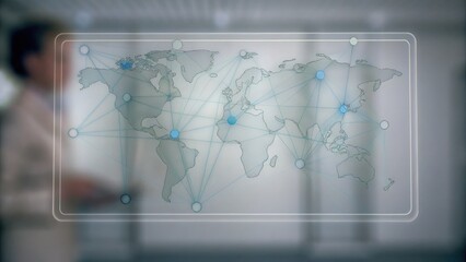 A digital world map with network connections overlayed, symbolizing global connectivity and communication.