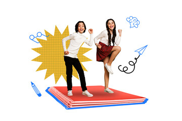 Trendy art full pop photo collage of two happy classmates schoolboy schoolgirl stand notepad doodle...
