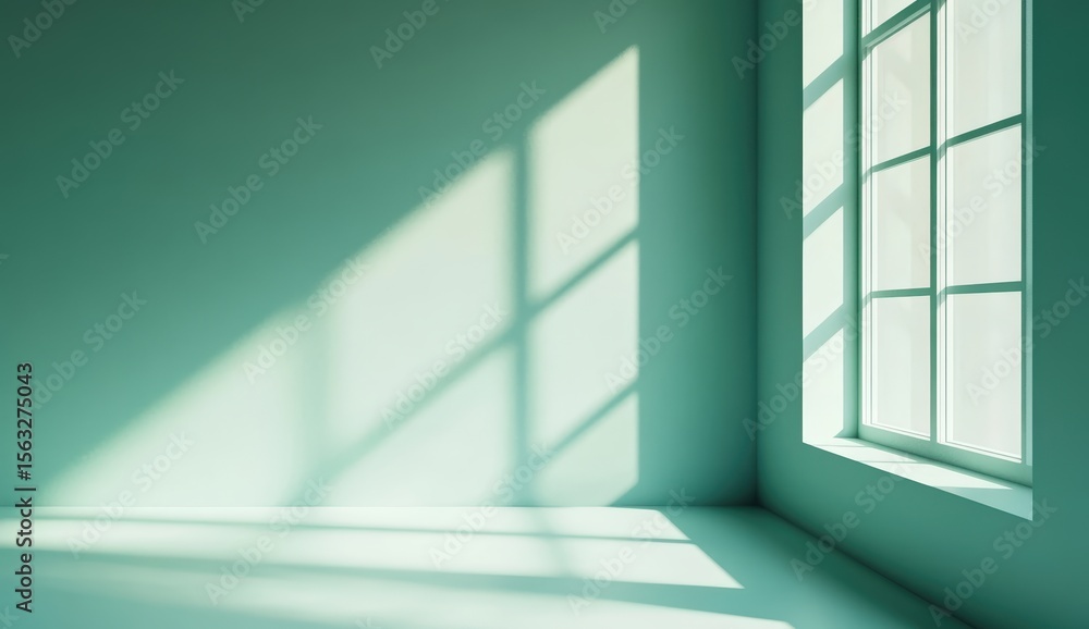Poster a minimalist empty room with soft teal walls and sunlight casting geometric window shadows on the fl