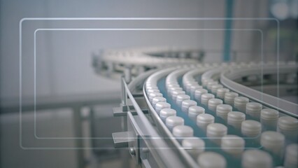 Obraz premium Conveyor system transporting rows of white plastic bottles in a modern, automated production facility.