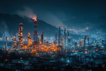 Obraz premium Glowing Cityscape at Night with Illuminated Refinery and Surrounding Hills