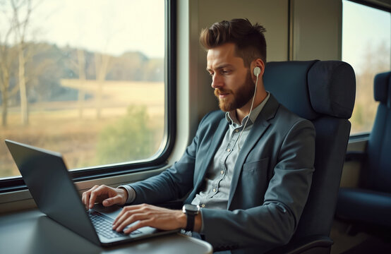 Businessman types on laptop wearing earphones while traveling by train to work. Male uses mobile office setup during digital nomad lifestyle. Tech savvy freelancer commutes with productivity.