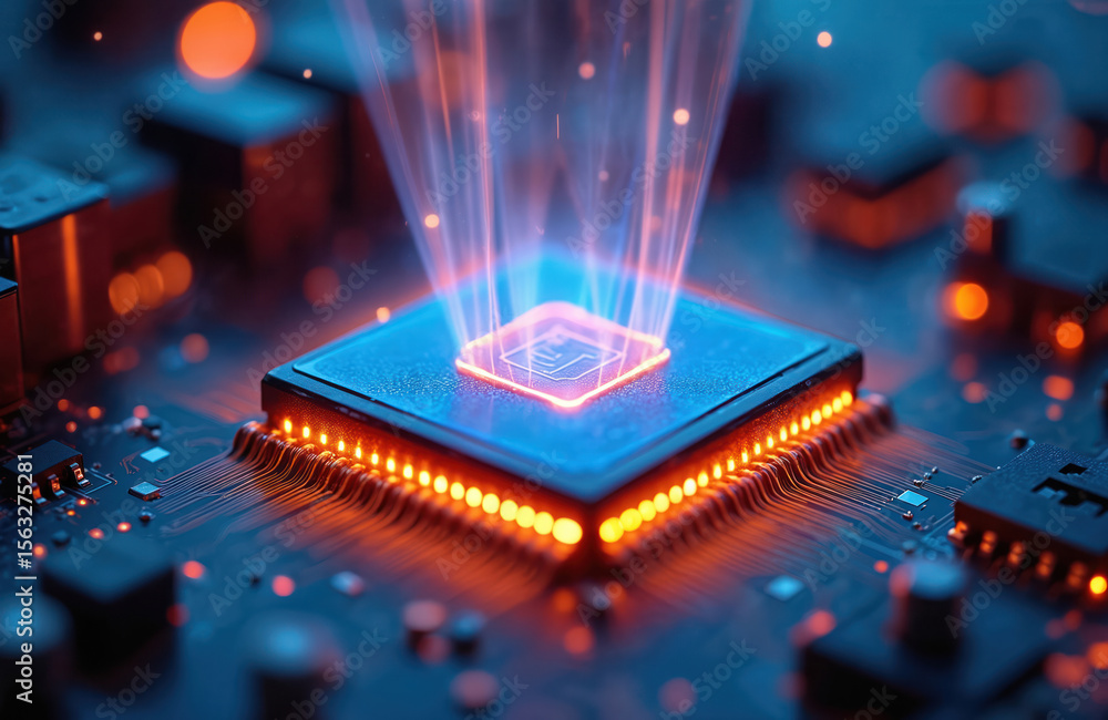 Poster electronic circuit board with glowing light. computer chip with light rays emitting. digital technol
