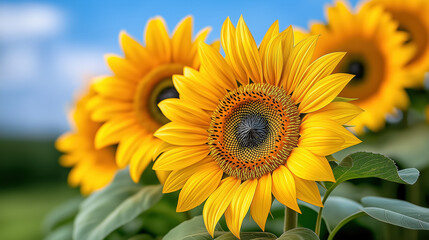 Fototapeta premium Sunflowers blooming in a vibrant field under a clear blue sky