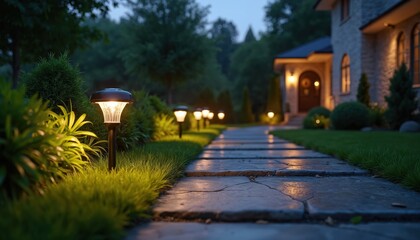 Solar-powered garden lights illuminate pathway. Stone pavement, green grass, bushes, cozy environment. Outdoor lighting, landscape design. Evening atmosphere. Sustainable architecture, modern