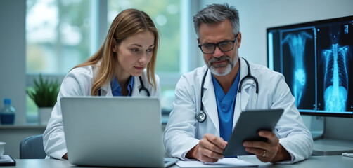 Two doctors consult, analyze patient x-ray scan results using laptop, tablet. Team of medical professionals reviewing diagnostic report for treatment, diagnosis at modern hospital. Telemedicine,