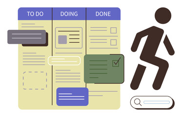 Kanban-style board with To Do, Doing, and Done columns, task cards, search bar, and ascending figure. Ideal for task management, productivity, planning workflow goal tracking organization © robu_s