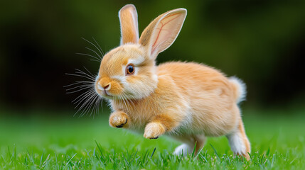 Adorable rabbit frolicking in green grass on a sunny day
