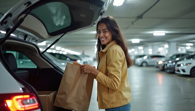 Smiling woman packs purchases into car trunk underground parking. Lady holds paper shopping bags. Businesswoman after shopping in car park. Transportation, urban lifestyle, consumerism.