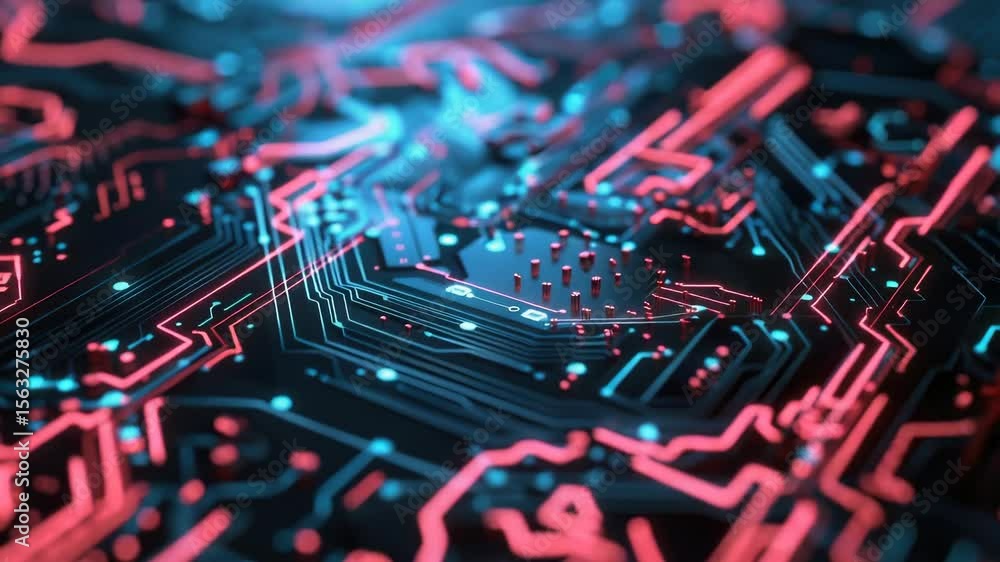 Poster close-up shot of a circuit board with red and blue lights