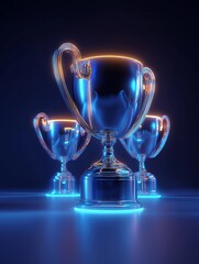Minimalist Web3-Style Trophies on Dark Blue Background with Futuristic Lighting