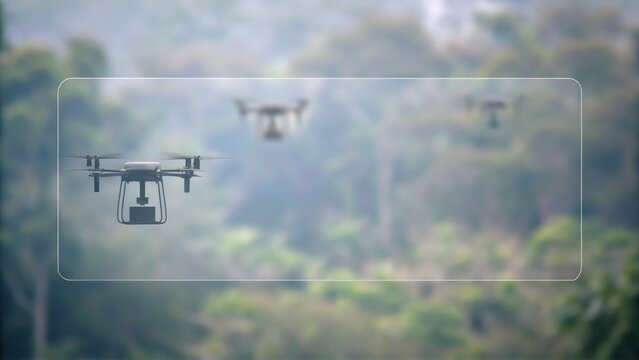 Drones fly over a forested area, captured through a digital targeting or tracking interface.
