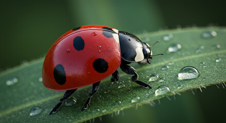 Naklejka premium Ladybug on Dewy Leaf: Captivating macro shot of a vibrant ladybug with its iconic red and black spotted shell, gracefully perched on a lush green leaf adorned with glistening dewdrops.