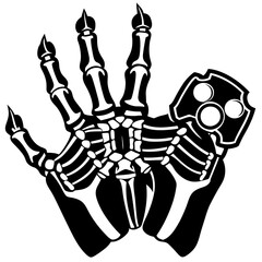 Black and white skeleton hand with sharp claws and a gas mask