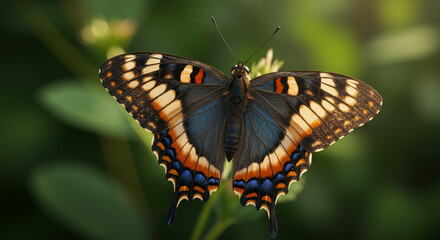 Fototapeta premium Exquisite Butterfly: A breathtaking macro view reveals intricate details of a majestic butterfly, showcasing its vibrant wing patterns against a soft, natural backdrop.