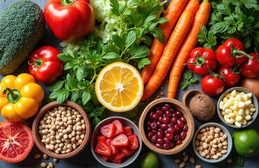 Collection of Worlds healthiest vegan food. Fresh fruits vegetables, high protein, omega 3, antioxidants, fiber, smart carbs, minerals, vitamins. Plant based diet concept. Balanced diet for good
