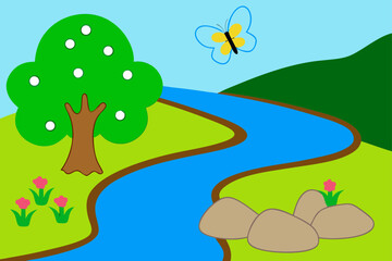 Obraz premium Cartoon River Landscape With Gentle Flowing Streams