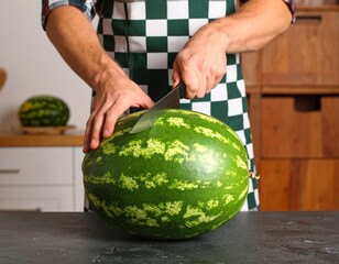 Man Cutting Whole Watermelon on Kitchen Counter