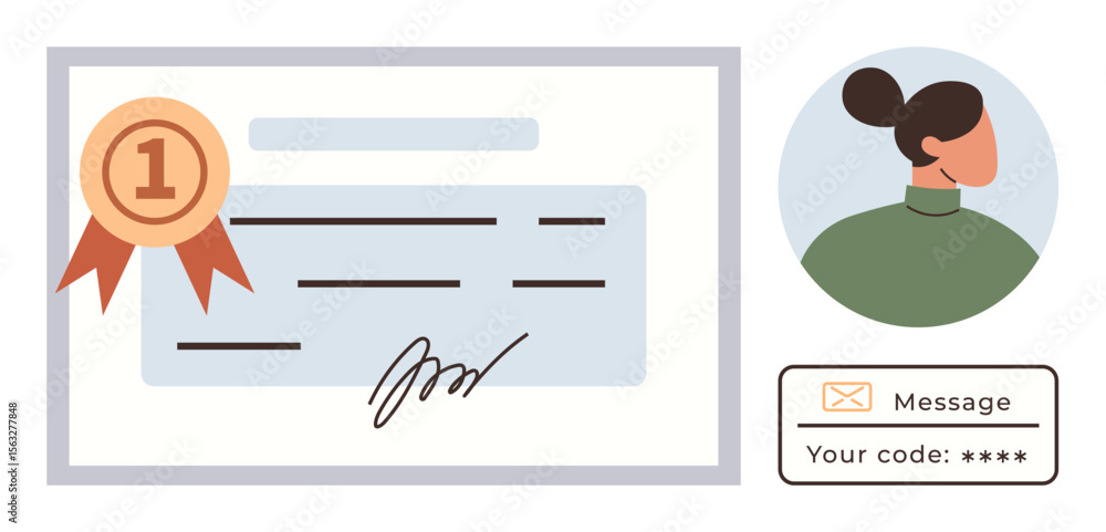 Poster award certificate with gold seal, human portrait, and secure message box with code. ideal for valida
