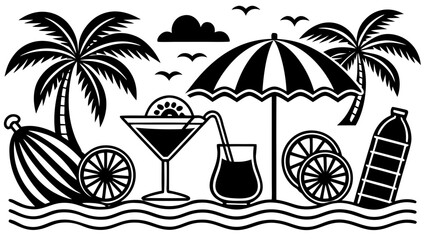 Tropical Summer Beach Scene Black and White Illustration