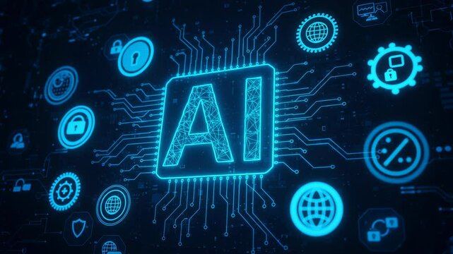 A glowing ai symbol is embedded in a circuit board, representing the future of artificial intelligence and technology