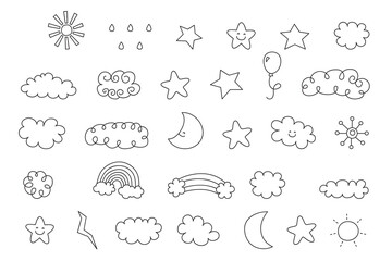 Blackandwhite drawings of celestial bodies weather elements and balloon