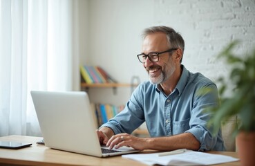 Happy older man wearing eyeglasses using laptop at home. Smiling senior male working, writing notes, online learning. Remote work, elearning, hybrid work, webinar, business concept.