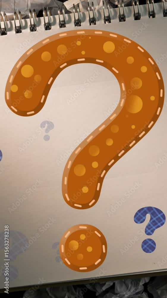 Poster Animation of question marks over notebook and paper