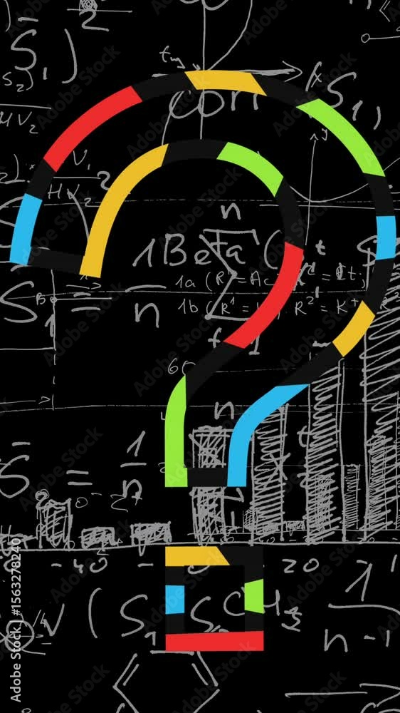 Poster animation of question mark and mathematical equations on black background