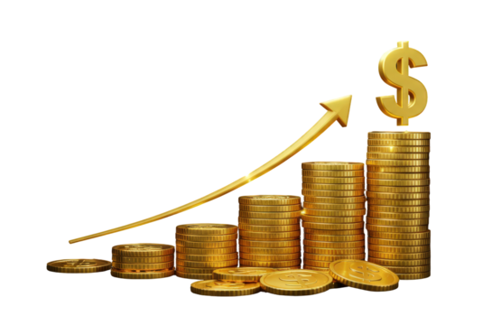 Visual Representation of Financial Growth with Stacks of Gold Coins and an Upward Chart on a Black Background