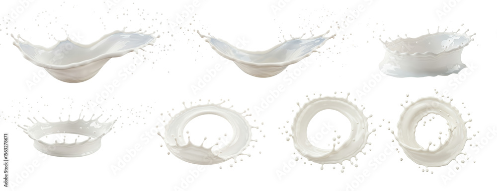 Poster dynamic splash series: captivating milk splashes in various shapes and forms captured in high-speed 