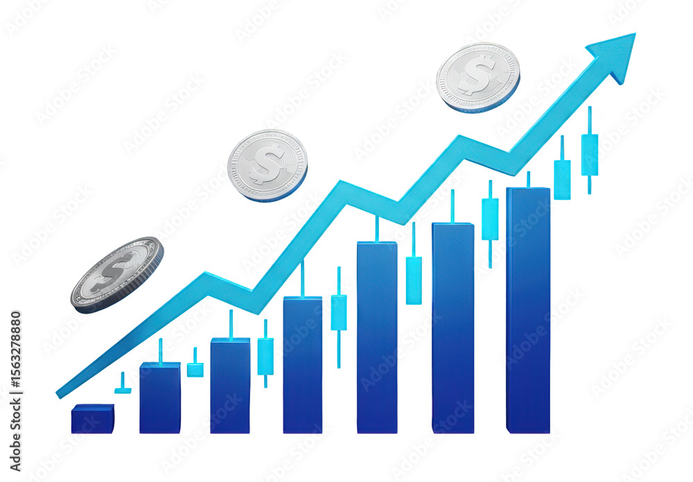 Poster a dynamic financial chart illustrating growth with coins and increasing graph lines on a dark backgr