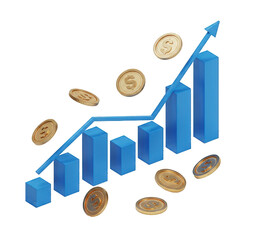 A Visual Representation of Financial Growth: A Blue Graph Rising with Golden Coins, Emphasizing Increasing Profits and Economic Progress