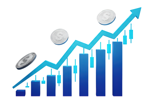 A Dynamic Financial Chart Illustrating Growth with Coins and Increasing Graph Lines on a Dark Background