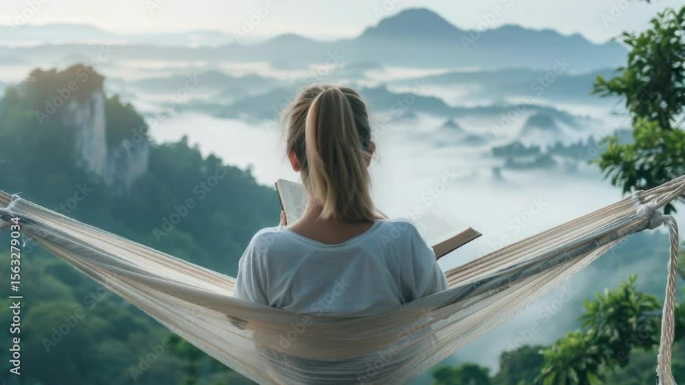 Poster a woman relaxes in a hammock while taking in the view of a valley below