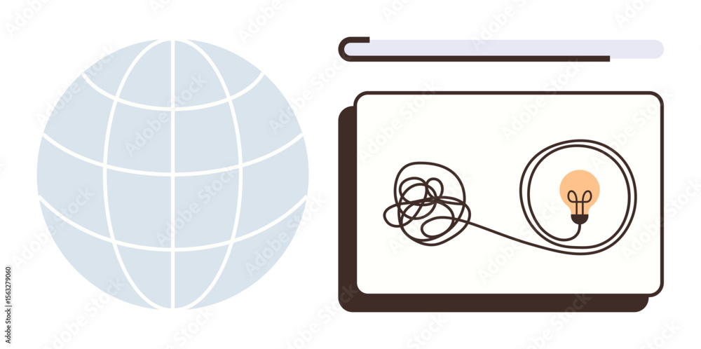Aufkleber tangled line ending in a lightbulb beside a globe. ideal for creativity, innovation, problem-solving