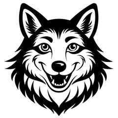 Stylized black and white illustration of a happy wolf face with open mouth