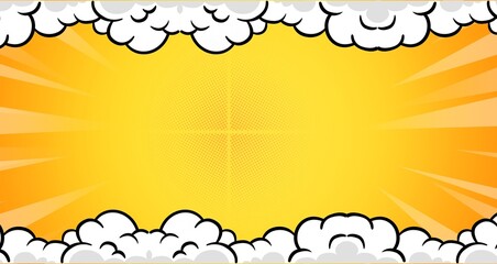 Bright yellow comic book background with white clouds.