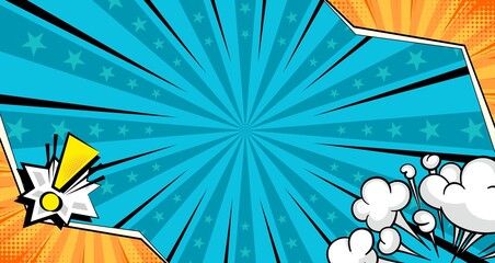 Vibrant blue comic book style background with explosion effects.
