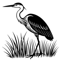 Stylized black and white illustration of a heron standing in tall grass